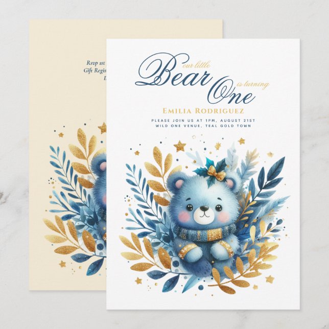 Invitation Wild One Bear 1er anniversaire (ou EDIT AGE) Or Tu (Devant / Derrière)