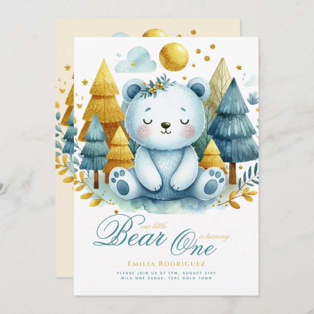 Invitation Wild One Bear 1er anniversaire (ou EDIT AGE) Or Tu (Devant / Derrière)
