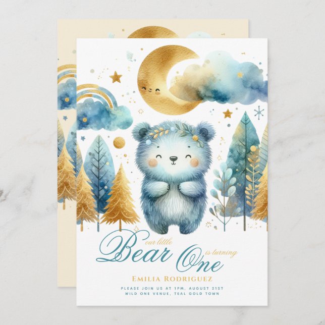Invitation Wild One Bear 1er anniversaire (ou EDIT AGE) Or Tu (Devant / Derrière)
