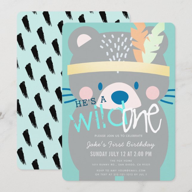 Invitation Wild One Bear Boy 1er anniversaire Turquoise (Devant / Derrière)