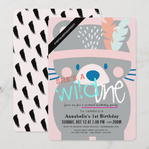 Invitation Wild One Bear Girl Rose Virtual 1er anniversaire