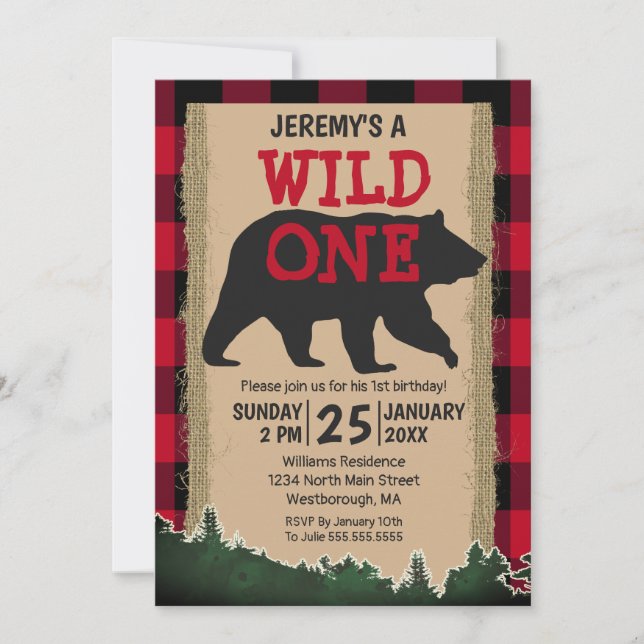 Invitation Wild One Bear Red Buffalo Plaid 1er Anniversaire (Devant)