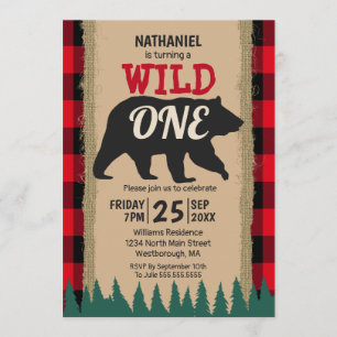 Invitation Wild One Bear Rustic Buffalo Plaid 1er Anniversair