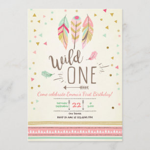 Invitation Wild one Birthday Girl Rose Gold 1st Boho Feathers