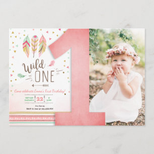 Invitation Wild One Birthday Girl Rose Gold 1st Boho Feathers