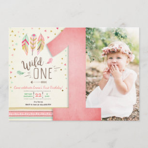 Invitation Wild One Birthday Girl Rose Gold 1st Boho Feathers