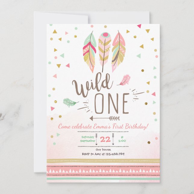 Invitation Wild one Birthday Girl Rose Gold 1st Boho Feathers (Devant)