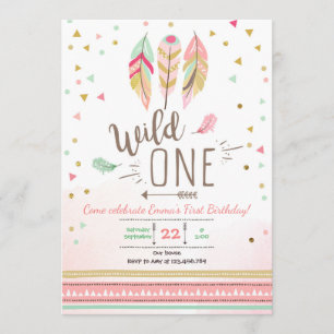 Invitation Wild one Birthday Girl Rose Gold 1st Boho Feathers