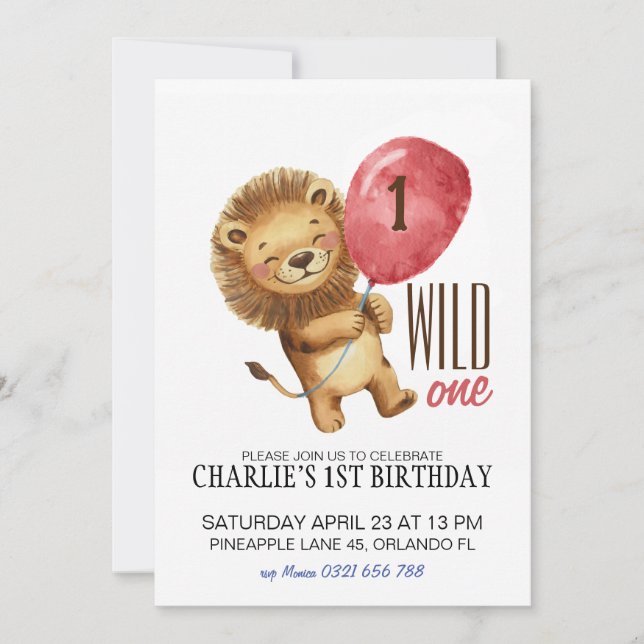 Invitation Wild One Birthday Invitation, Lion 1er Birthday (Devant)