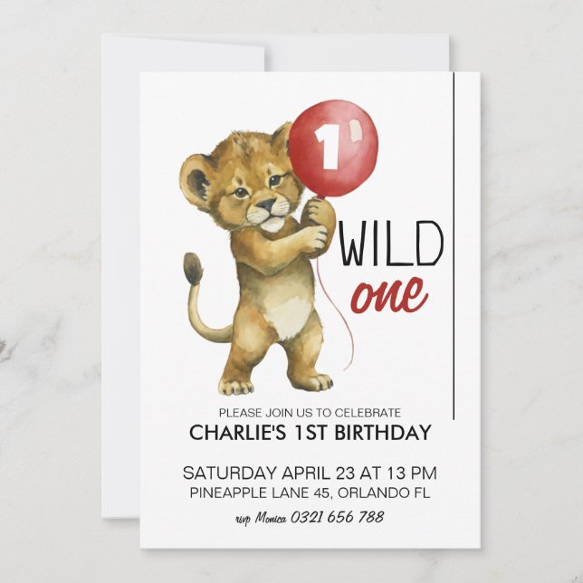 Invitation Wild One Birthday Invitation, Lion 1er Birthday (Devant)