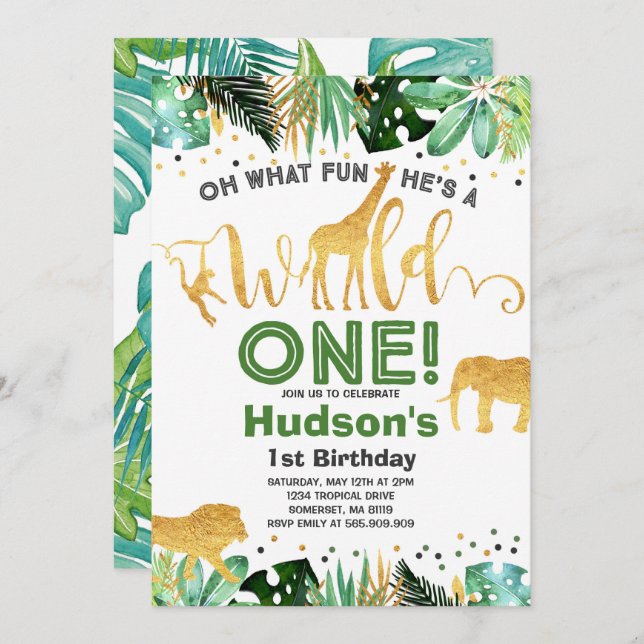 Invitation Wild One Birthday Jungle Animals Party (Devant / Derrière)