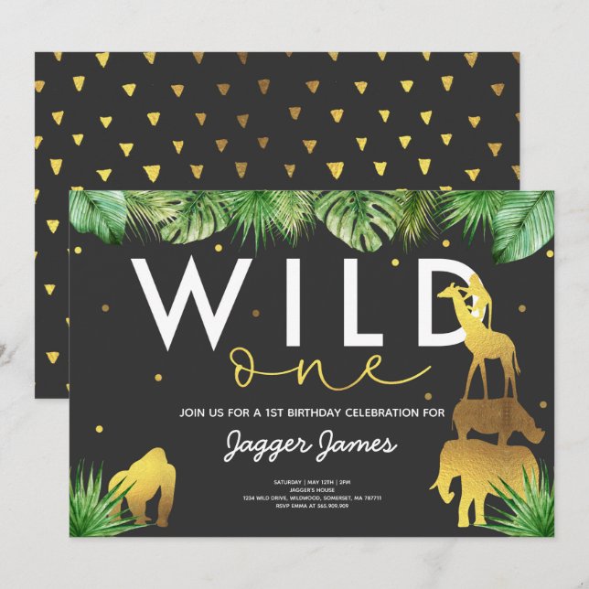Invitation Wild One Birthday Jungle Animals Party (Devant / Derrière)
