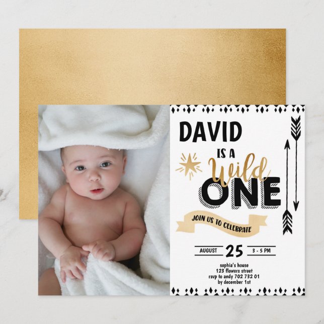 Invitation Wild One Black & Gold Boy 1er Birthday Photo (Devant / Derrière)