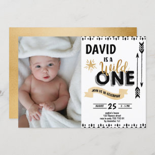Invitation Wild One Black & Gold Boy 1er Birthday Photo