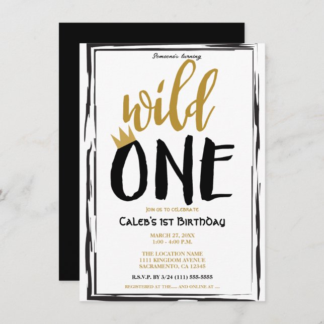 Invitation Wild One Black + Gold Photo 1 1er anniversaire (Devant / Derrière)