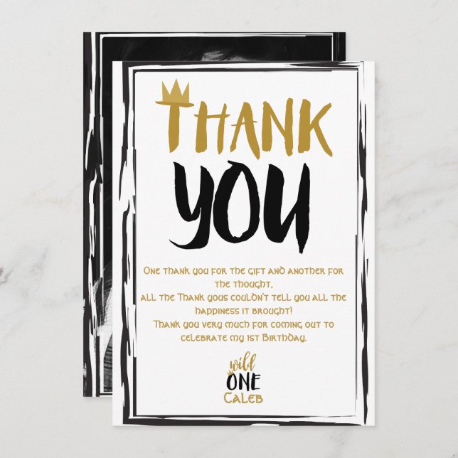 Invitation Wild One Black Gold Photo 1 1er anniversaire Merci (Devant / Derrière)