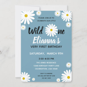 Invitation Wild ONE Blue Daisy Flower Girl Anniversaire