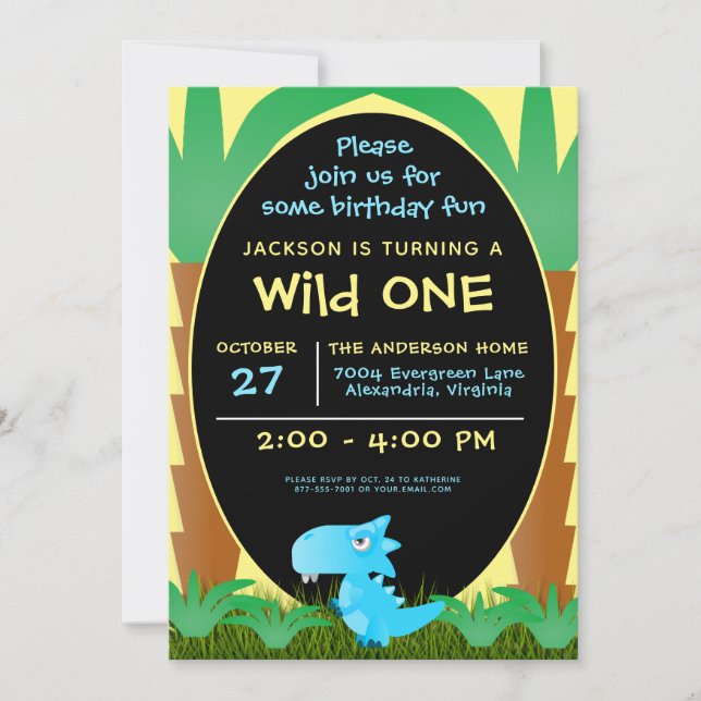 Invitation Wild ONE Blue Dinosaur Garçon 1er anniversaire (Devant)
