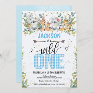 Invitation Wild One Blue En vichy Safari 1er anniversaire