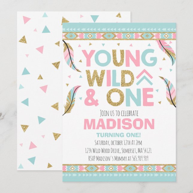 Invitation Wild One Boho Feather Wild One Party (Devant / Derrière)