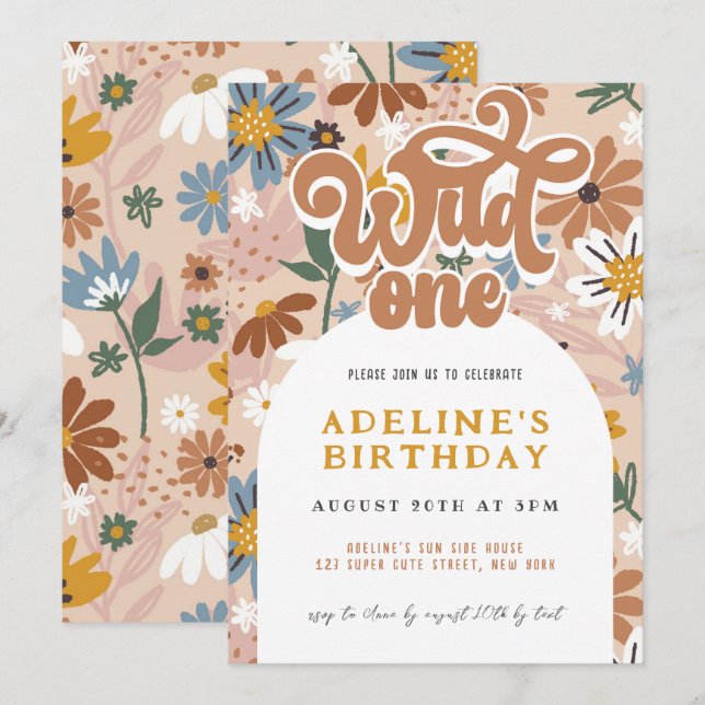 Invitation Wild One Boho Fleur sauvage 1er anniversaire Retro (Devant / Derrière)