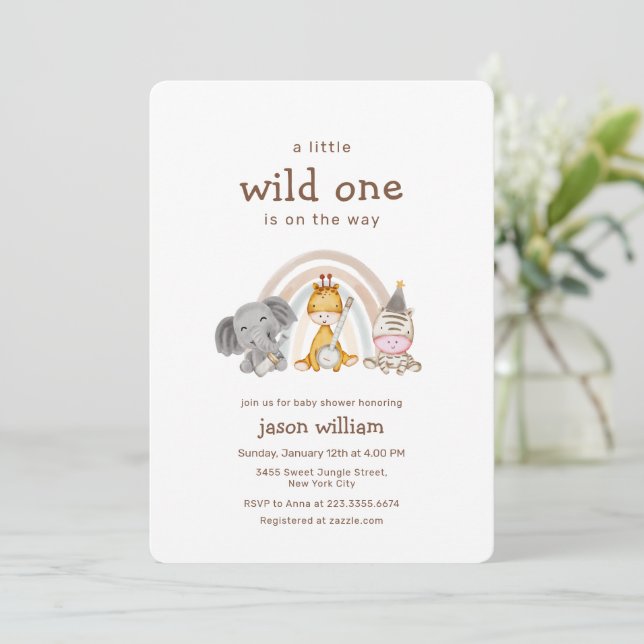 Invitation Wild One Boho Rainbow Safari Animals Baby Shower  (Debout devant)