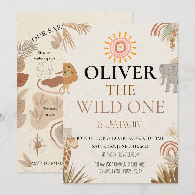 Invitation Wild One - Boho Safari First Birthday (Devant / Derrière)