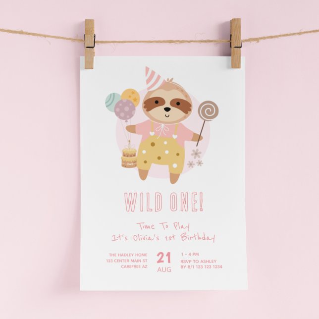 Invitation Wild One Boho Sloth Pink 1er anniversaire (Créateur téléchargé)