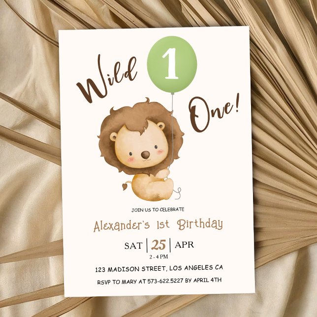 Invitation Wild One Boy 1er Anniversaire Lion Sage Green Ball (Créateur téléchargé)