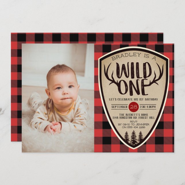 Invitation Wild One Boys Rustic Plaid Lumberjack 1er annivers (Devant / Derrière)