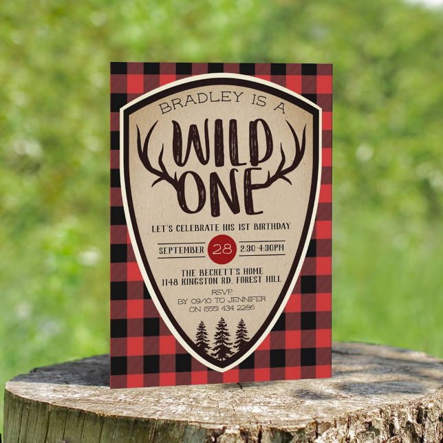 Invitation Wild One Boys Rustic Plaid Lumberjack 1er annivers (Créateur téléchargé)