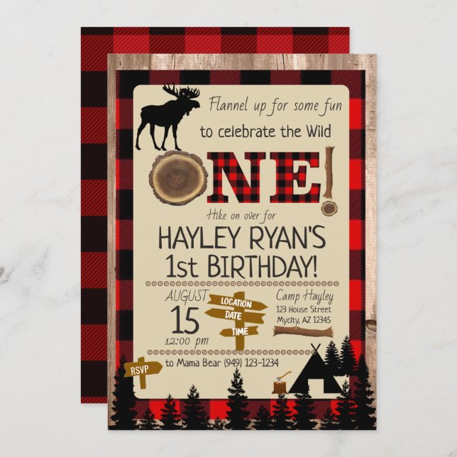 Invitation Wild One Buffalo Check Flannel Moose 1er anniversa (Devant / Derrière)