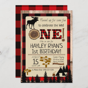 Invitation Wild One Buffalo Check Flannel Moose 1er anniversa