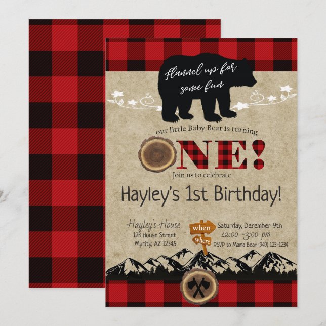 Invitation Wild One Buffalo Plaid Little Bear Anniversaire (Devant / Derrière)