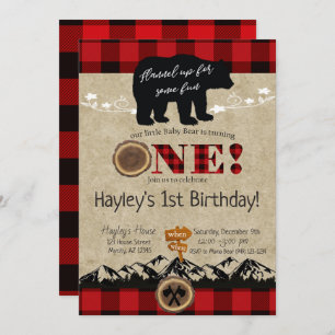 Invitation Wild One Buffalo Plaid Little Bear Anniversaire