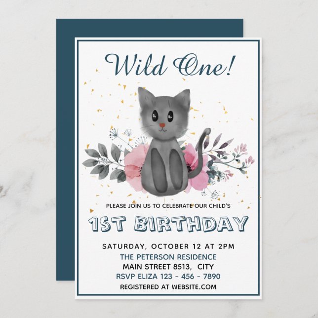 Invitation Wild One - Chat bébé et fleurs 1er anniversaire (Devant / Derrière)