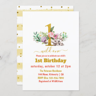 Invitation Wild One - Chat bébé et fleurs 1er anniversaire