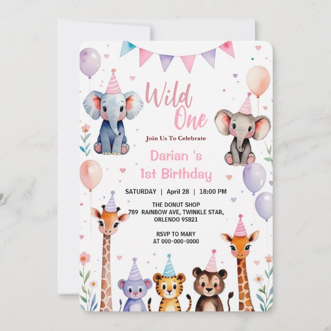 Invitation Wild One Cute Animals Balloon girls 1st Birthday (Devant)