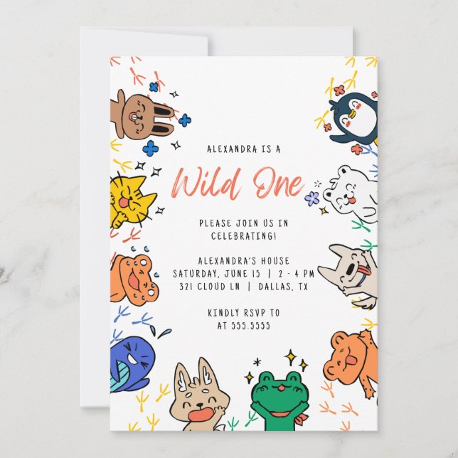 Invitation Wild One Cute Animaux 1er Anniversaire Enfants Inv (Devant)