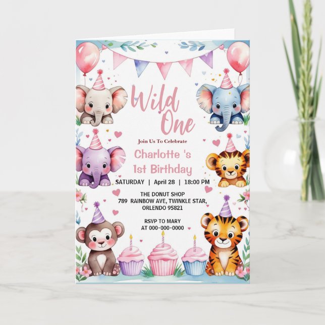 Invitation Wild One Cute Animaux Ballons filles 1er anniversa (Devant)