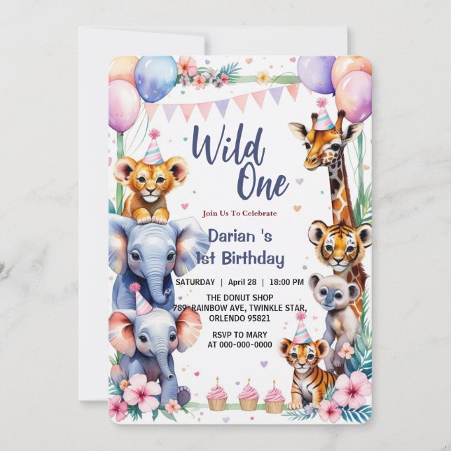 Invitation Wild One Cute Animaux Balloon cupcake 1er annivers (Devant)