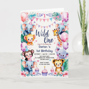 Invitation Wild One Cute Animaux Balloon cupcake 1er annivers