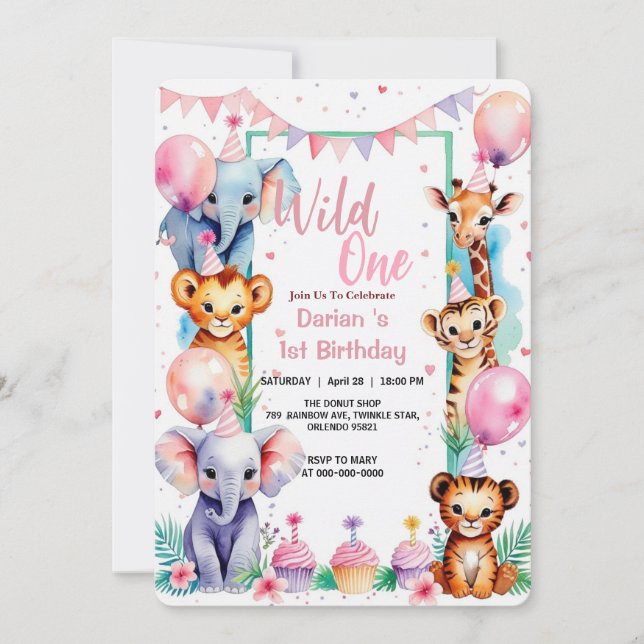Invitation Wild One Cute Animaux Balloon cupcake 1er annivers (Devant)