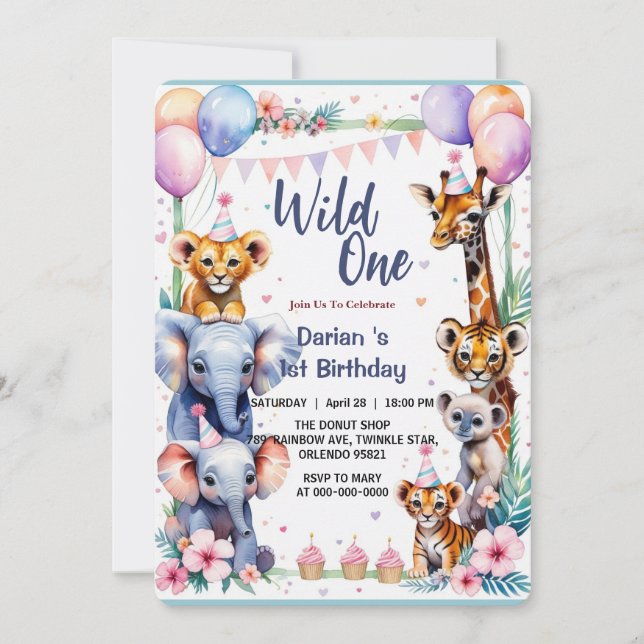 Invitation Wild One Cute Animaux Balloon cupcake 1er annivers (Devant)