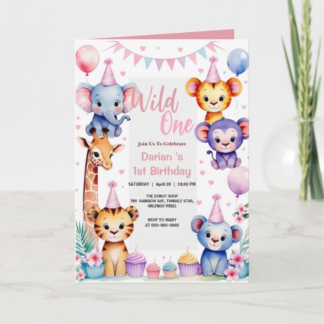 Invitation Wild One Cute Animaux Balloon fille 1er Anniversai (Devant)