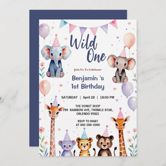Invitation Wild One Cute Animaux Balloon Garçon 1er Anniversa (Devant / Derrière)
