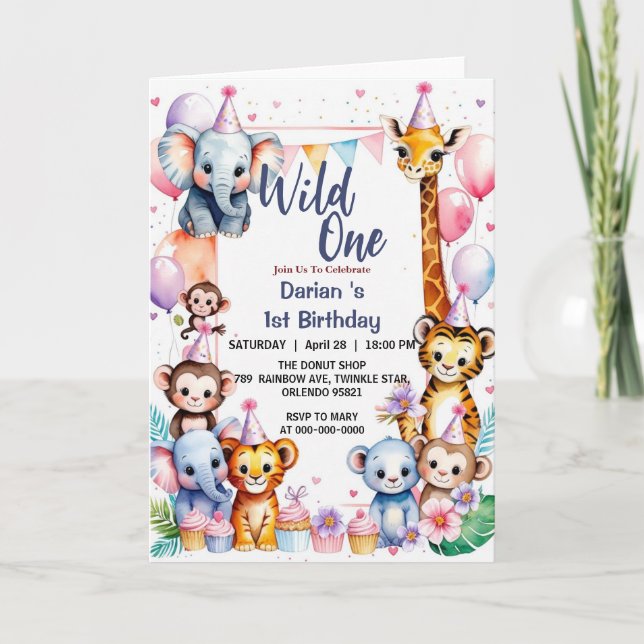 Invitation Wild One Cute Animaux Balloon Garçon 1er Anniversa (Devant)