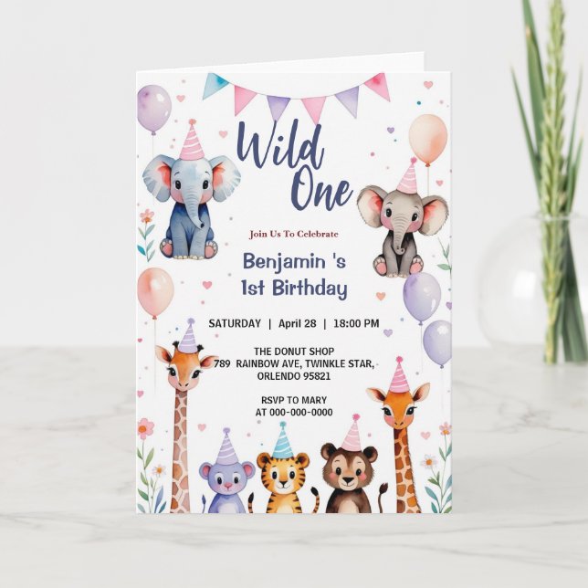 Invitation Wild One Cute Animaux Balloon Garçon 1er Anniversa (Devant)