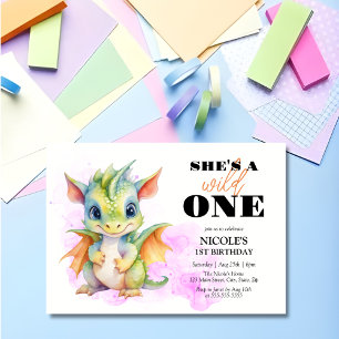 Invitation Wild One Cute Baby Dragon Fairytale 1er Anniversai