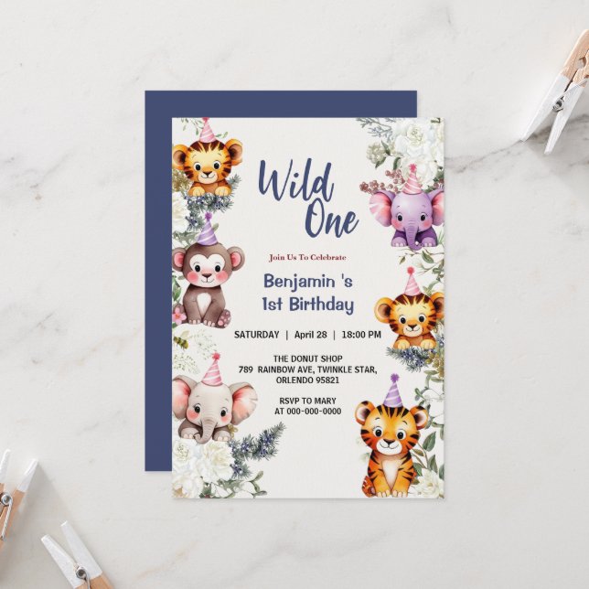 Invitation Wild One Cute flowers 1er anniversaire de l'animal (Devant/Arrière en situation)